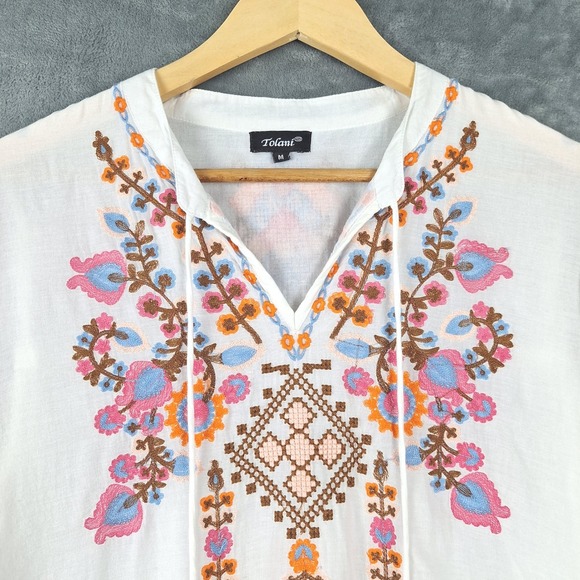 Womens Dress Medium White Boho Peasant Retro Embroidered Floral Tassels Festival - Picture 3 of 9